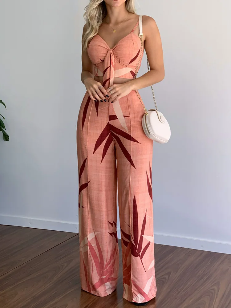 Printing Women Sleeveless Tops Summer Casual Pants Suit Lady V-Neck Loose Bottoms Two Piece Sets Straight Elastic Waist Pant Set