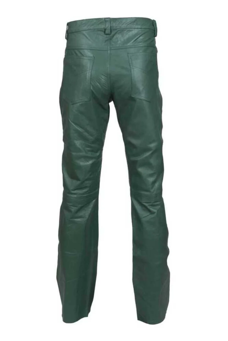 Men's Genuine Leather Pants Jeans Style Multi Pocket Motorcycle Dark Green European Fashion Trend