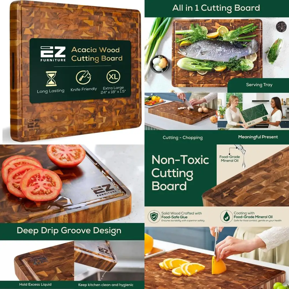 

End Grain Acacia Wood Cutting and Serving Board with Juice Groove and Handles, 17x13x1.5 Inches, 16.98 lbs