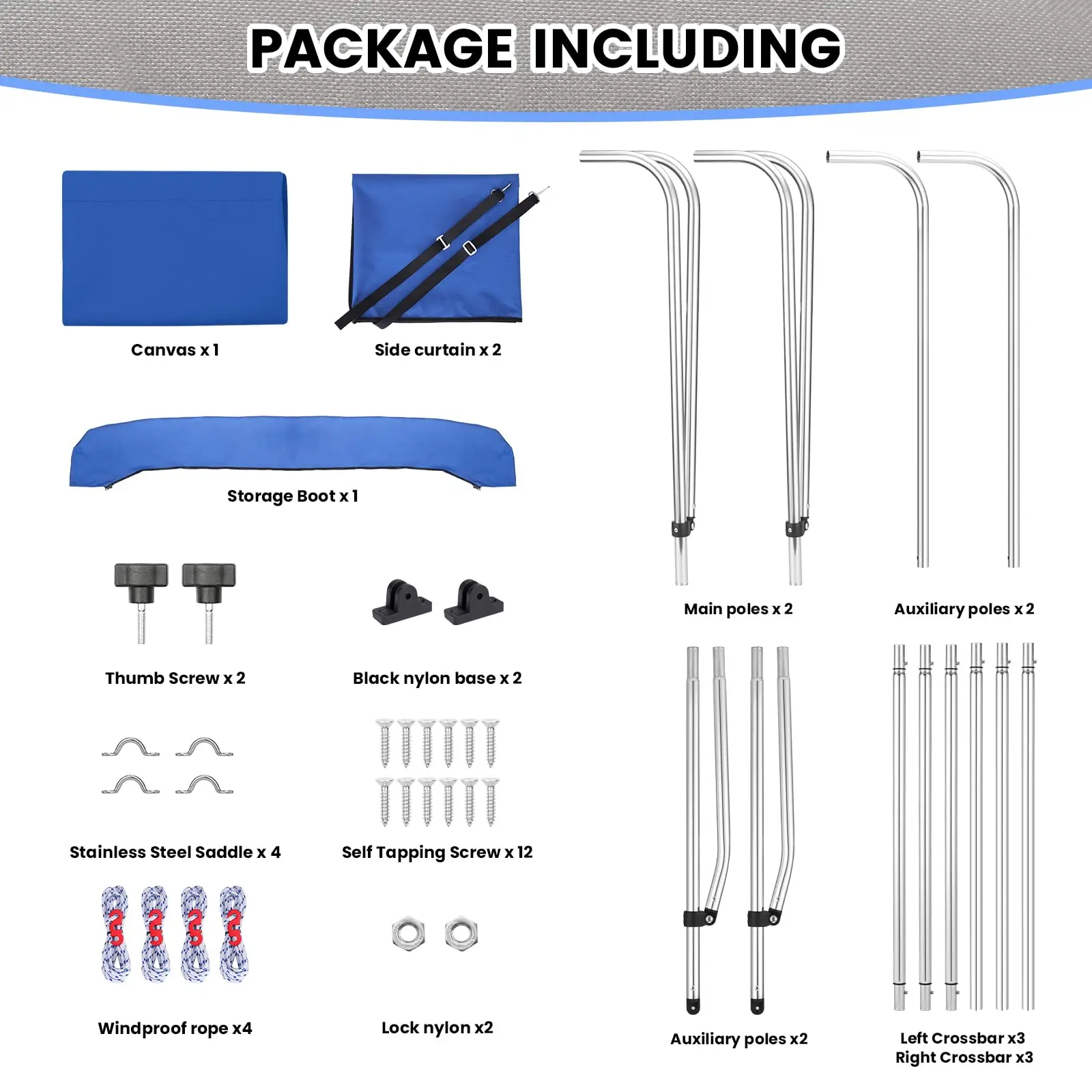 3 Bow Boat Bimini Top Cover, Sun Shade Boat Canopy with 2 Removable Side Curtains, 4 Adjustable Windproof Ropes, Durable Marine