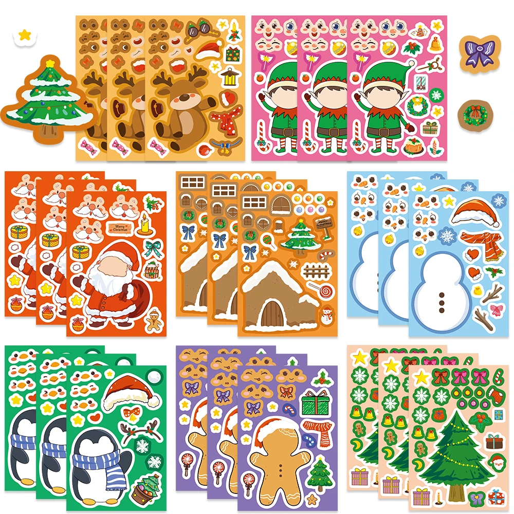 8-Blatt Weihnachts-Montage „Make a Face“, DIY-Puzzle-Aufkleber, Basteln für Teenager, Erwachsene, Abziehbilder, Party für Kinder