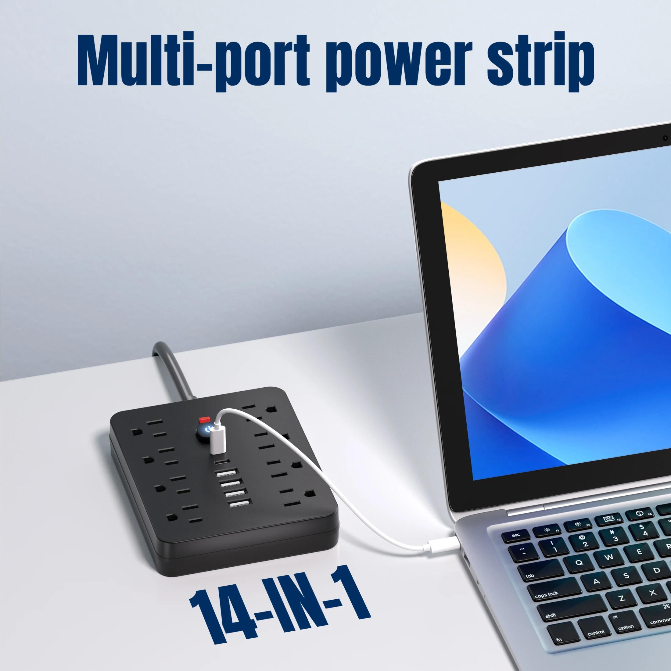 1 PC 14-in-1 power strip with surge protector, 8 AC ports, 4 USB ports and 2 Type-C ports. Wall mountable power extension