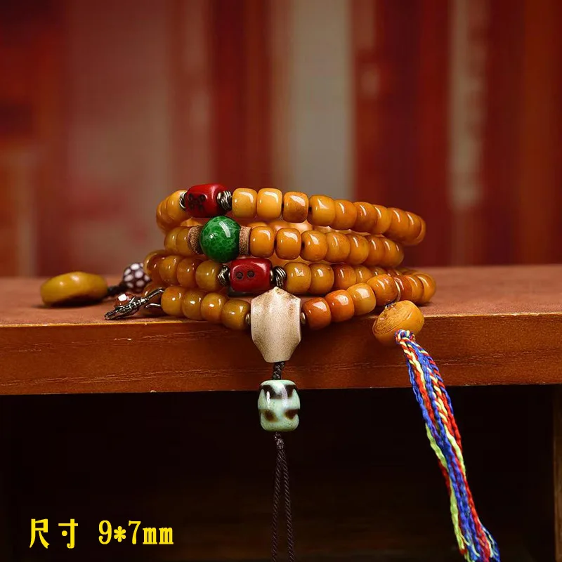 Yak barrel 108-piece Buddhist prayer beads multi-loop bracelet with camel bone three-way connector accessory