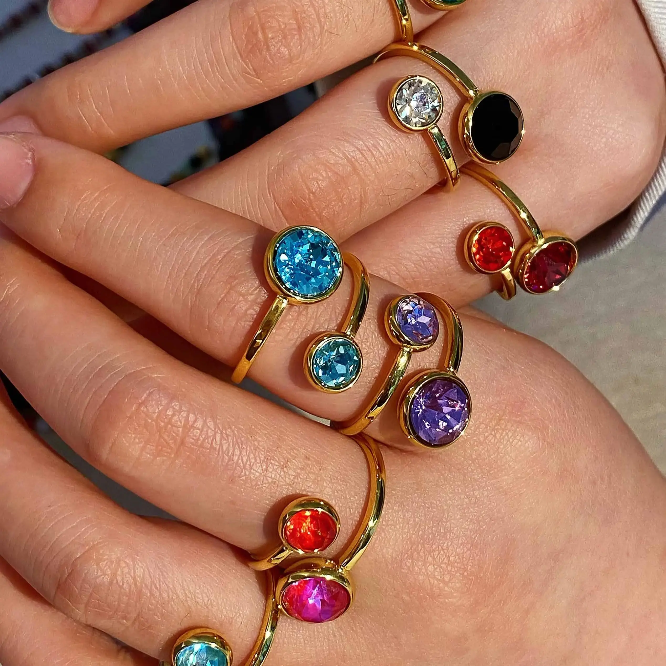 18k gold color stainless steel ring with crystal ring for women light luxury high-grade color open stainless steel