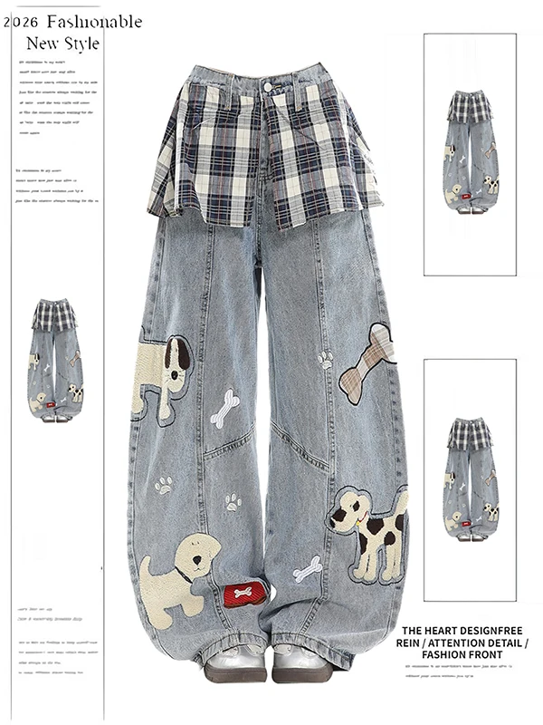 

Cartoon Embroidered Patchwork Loose Wide Leg Jeans Women's Spring Design Layered Wear l Waist Cotton Denim Pants
