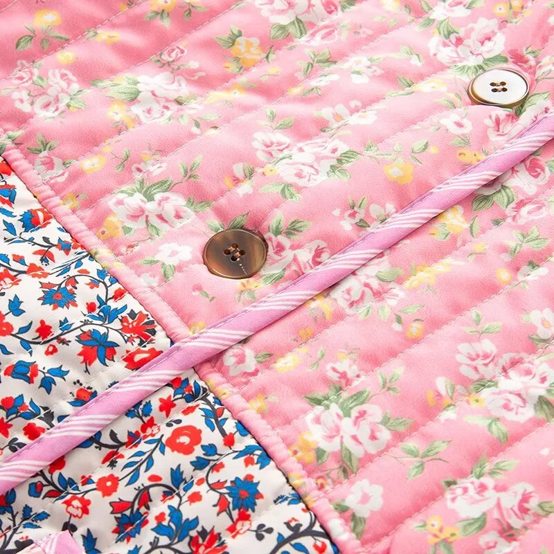 2025 Winter New Women's Casual Fashion Loose Design Reversible Plaid Floral Stand Collar Long Sleeve Cotton Coat