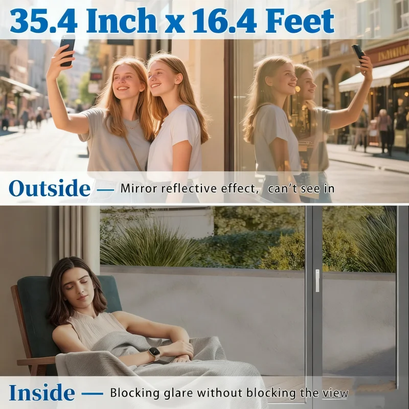 

Daytime Reflective Privacy Window Film - Static Cling, UV Protection, Sun Blocking & Heat Insulation, Suitable for Home & Office