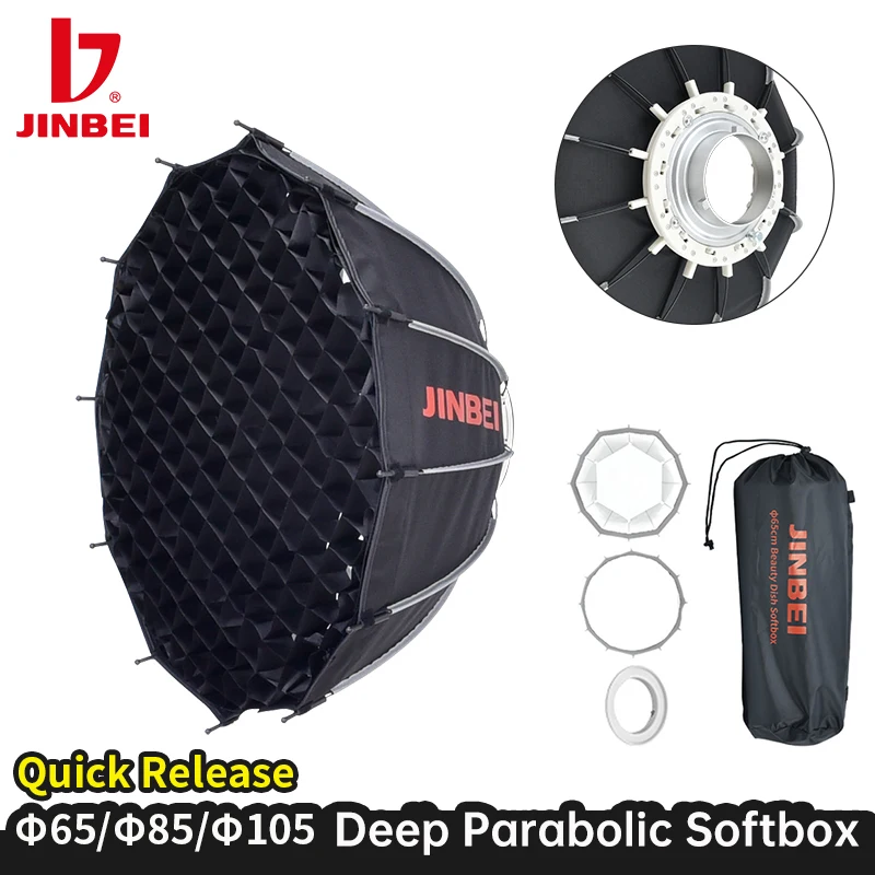 JINBEI 65/85/105cm Deep Beauty Dish Softbox Portabe Photography Studio Soft Box Quick Release with Honeycomb Grid Bowens Mount