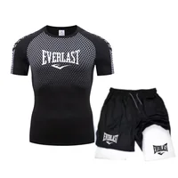 EVERLAST-Camiseta de compresión para hombre + pantalones cortos deportivos 2 en 1, conjunto de 2 uds., ropa deportiva de manga corta con estampado de marca para correr y gimnasio