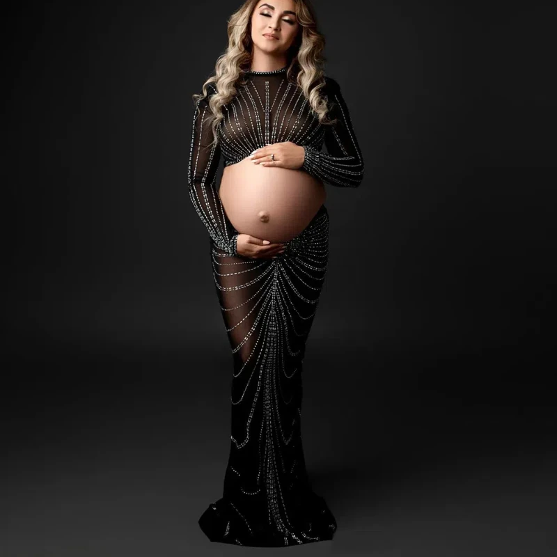 stretchy-maternity-photo-shoot-cut-out-dresses-rhinestone-pregnancy-photography-women-outfit-halter-crystal-hot-fix-set-dress