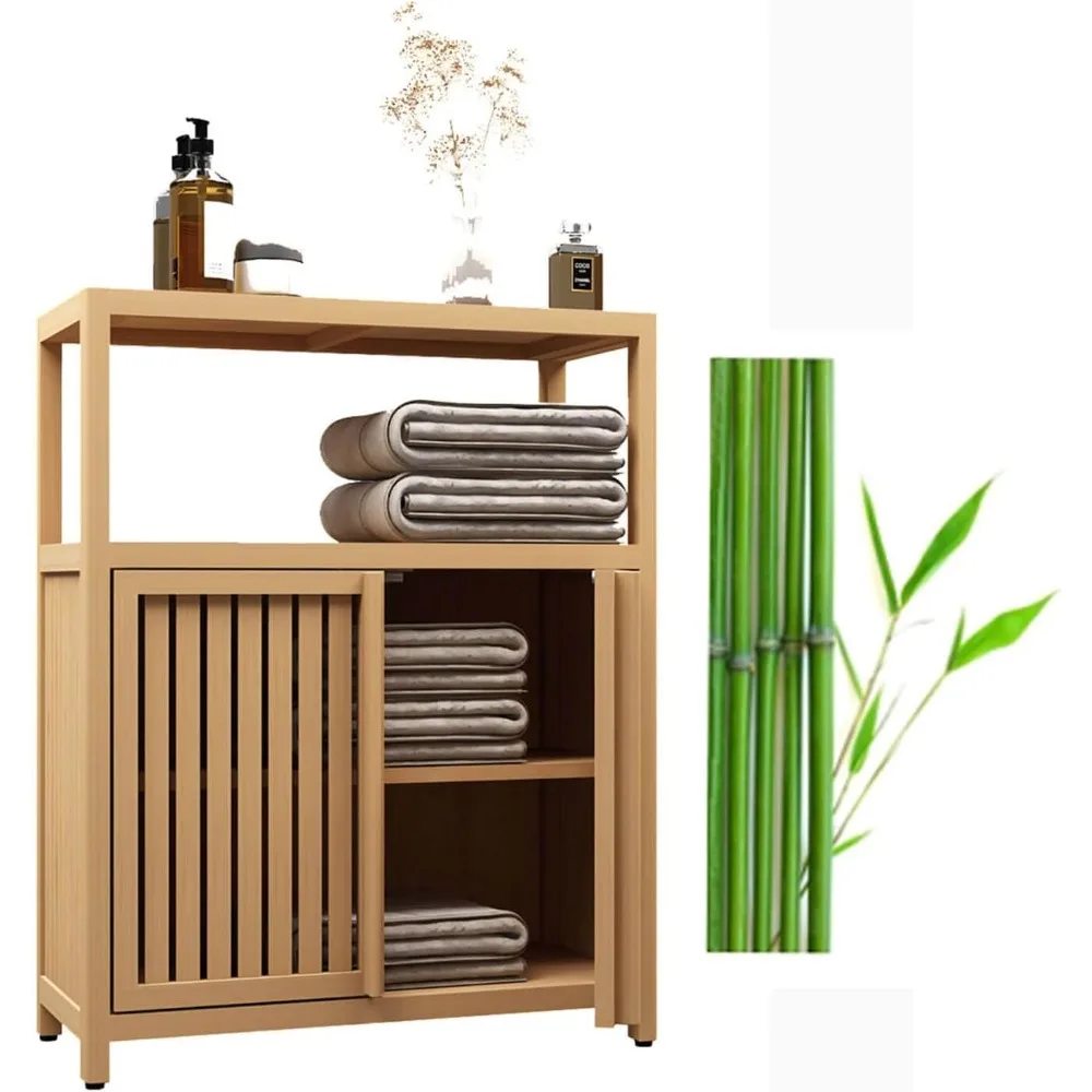 

Шкаф для хранения в ванной, бамбуковый сервант, мебель большой вместимости с открытой полкой и 2-дверным напольным шкафом