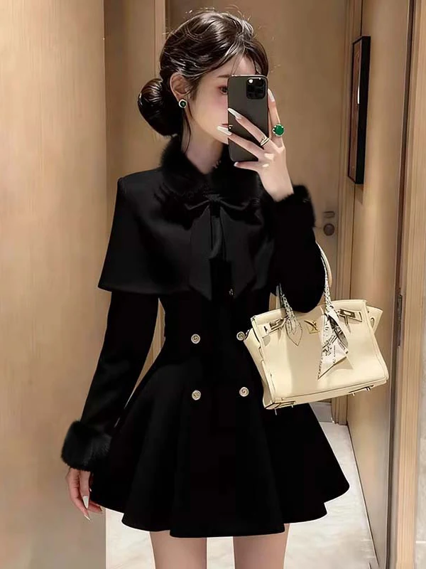 

Autumn Winter 2025 New Style Reversible Lined Misses Little Black Dress Coat Two Piece Set DM0173 Elegant Gentle Style