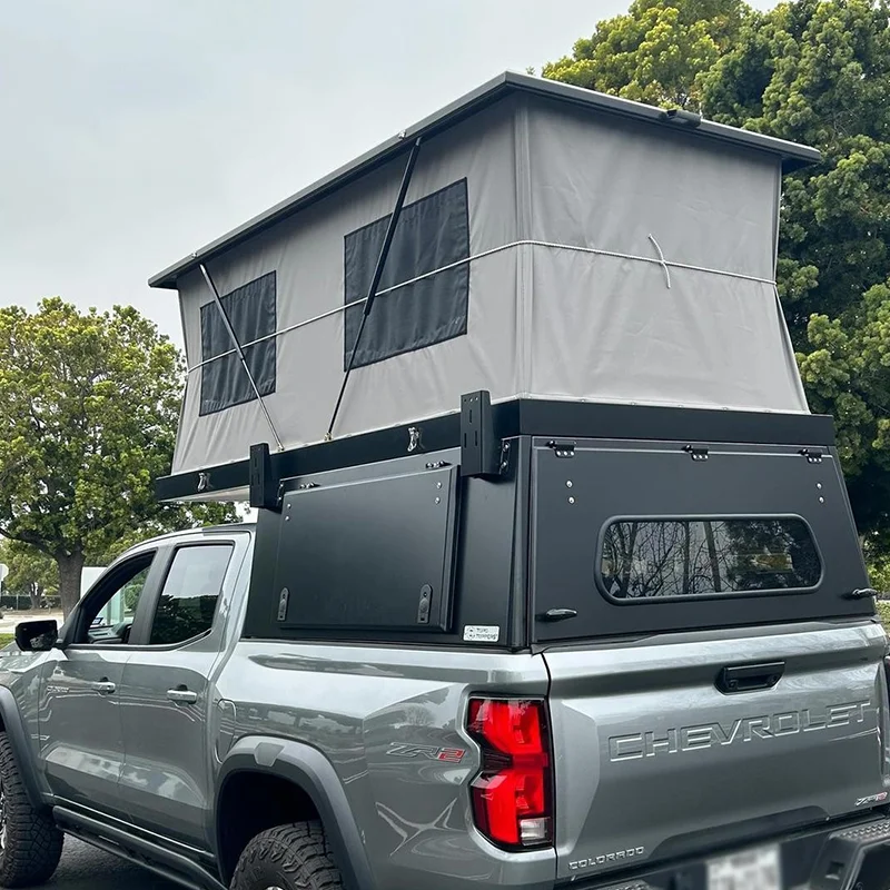 KQX 2-In-1 Integrated Aluminum Pickup Canopy With Vertical Pop up Roof Top Tent  Heavy Duty Truck Camper for 5FT Bed