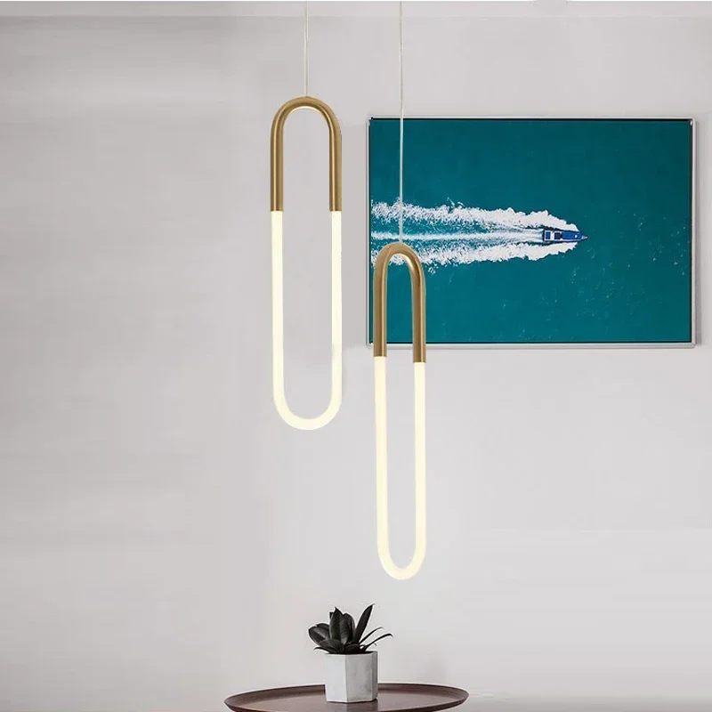 Luces colgantes nórdicas LED en forma de U para habitación, mesita de noche, dormitorio con alambre largo, regulable, lámparas colgantes de techo altas y modernas, decoración del hogar