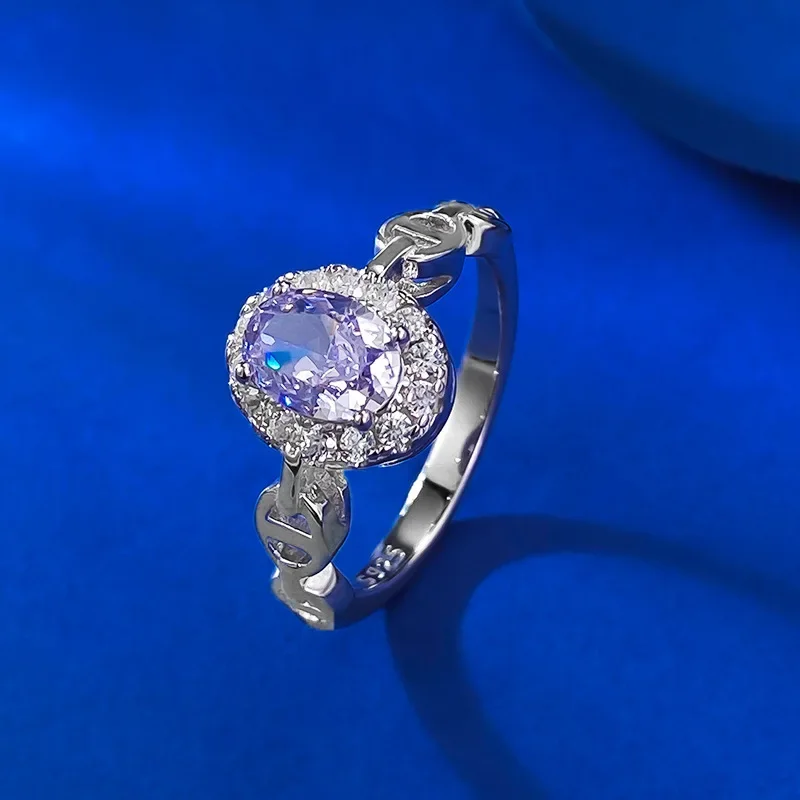 

New S925 Silver High Carbon Diamond 5 * 7mm Lavender Purple Diamond Ring for Daily Fashion, Light Luxury Jewelry