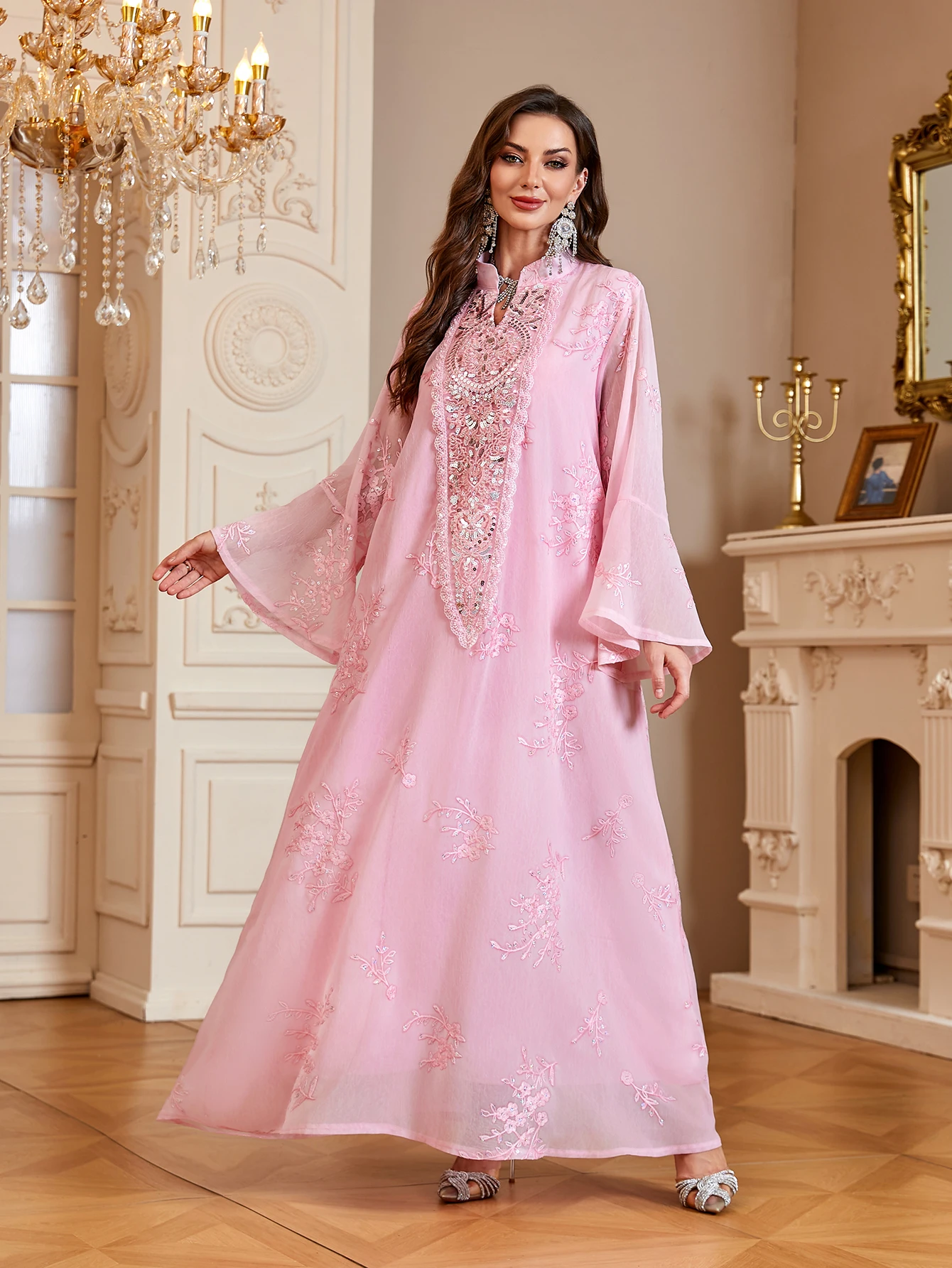 Uni Ramadan Muslim Women's Floral Embroidery Maxi Dress Mesh Sleeve Abaya Kaftan Dresses Womens Dubai Elegant Casual Kaftan