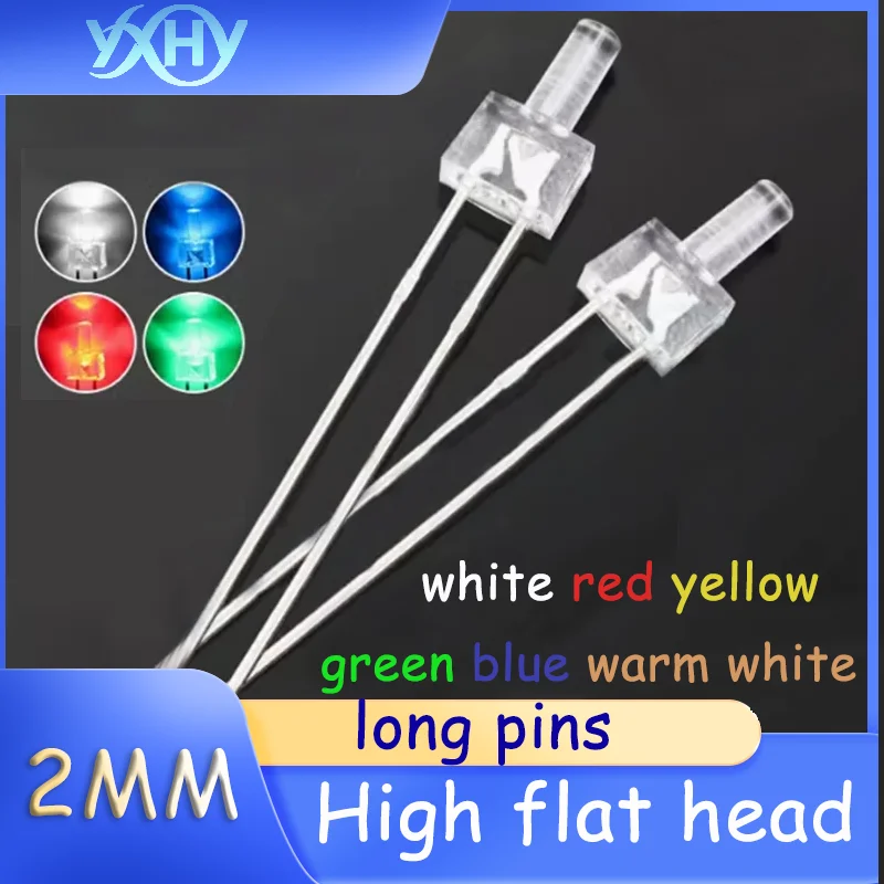 2mm LED LED F2/2MM high flat head transparent long foot white hair red blue green white LED straight insert lamp beads