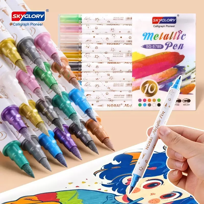 10-Color Metallic Glitter Markers, Dual-Tip Brush and Fine Tip Pens, for DIY Photo Albums, Black Cards, Collages, Crafts, Ceramics, Stones, Glass, Birthday Gifts, Christmas, Halloween, New Year Gifts, Gifts for Friends! Easter Gifts