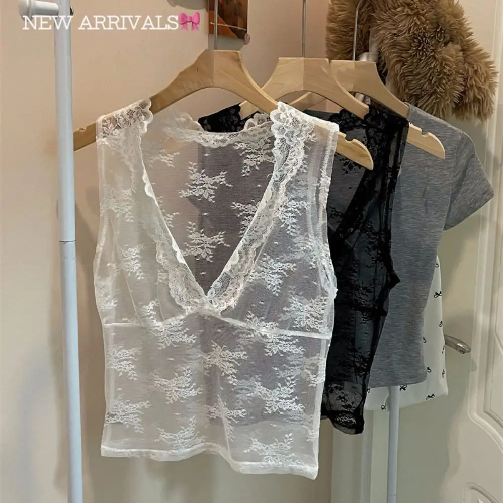 Bottoming Shirt V Neck Lace Base Shirt Sleeveless Hollow Out See Through Crop Top Transparent Lace Mesh Vest Spring Summer