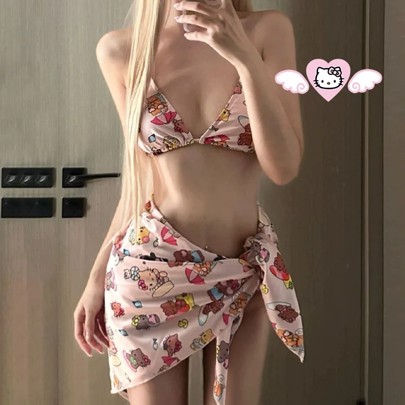 

Sanrios Hello Kitty Bikini Y2K Women Sexy Strappy Swimwear Trend Split Swimsuit Female Vacation Underwear Beachwear Bathing Suit
