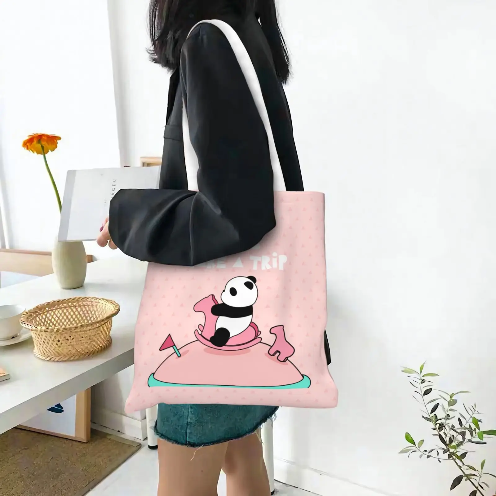 Cute Panda Canvas Tote Bag Women's Large Capacity Beach Shoulder Bag Student Casual Travel Shopping Bags Cartoon Panda Handbag