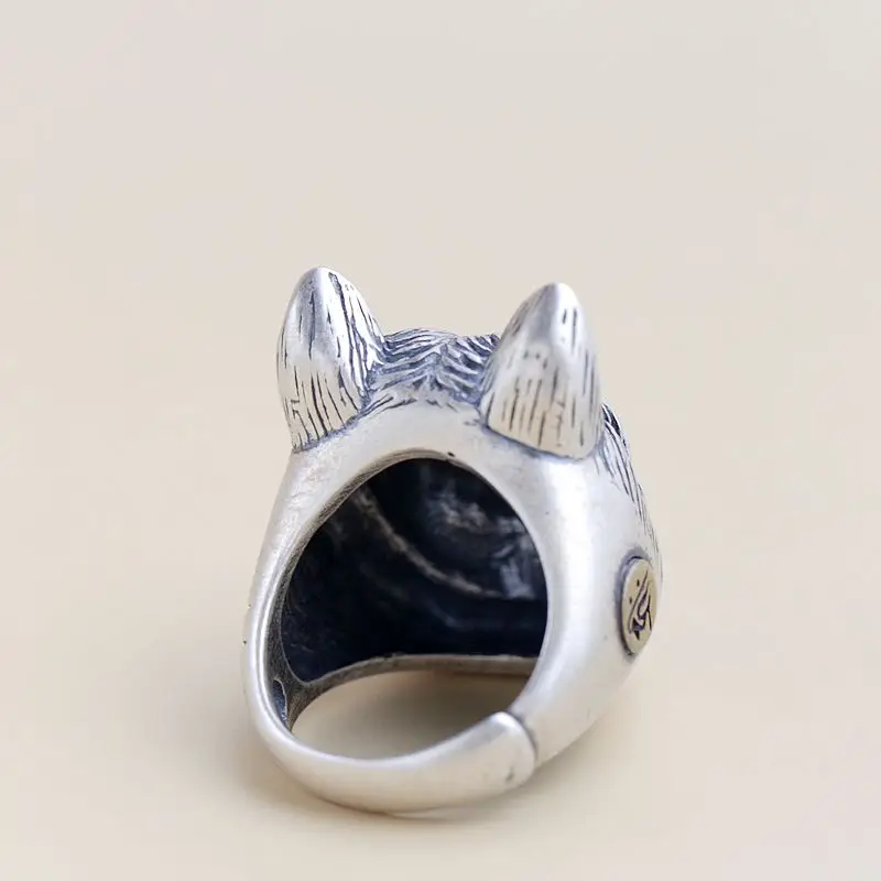 Authentic 925 Sterling Silver Ring Retro Style German Shepherd Head Creative Charm Nostalgia Open Ring Fashio Jewelry Gift