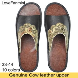 Genuine Cow Leather Slippers Homes in indoor slipper summer men women elderly non-slip soft soles casual single Slides shoes