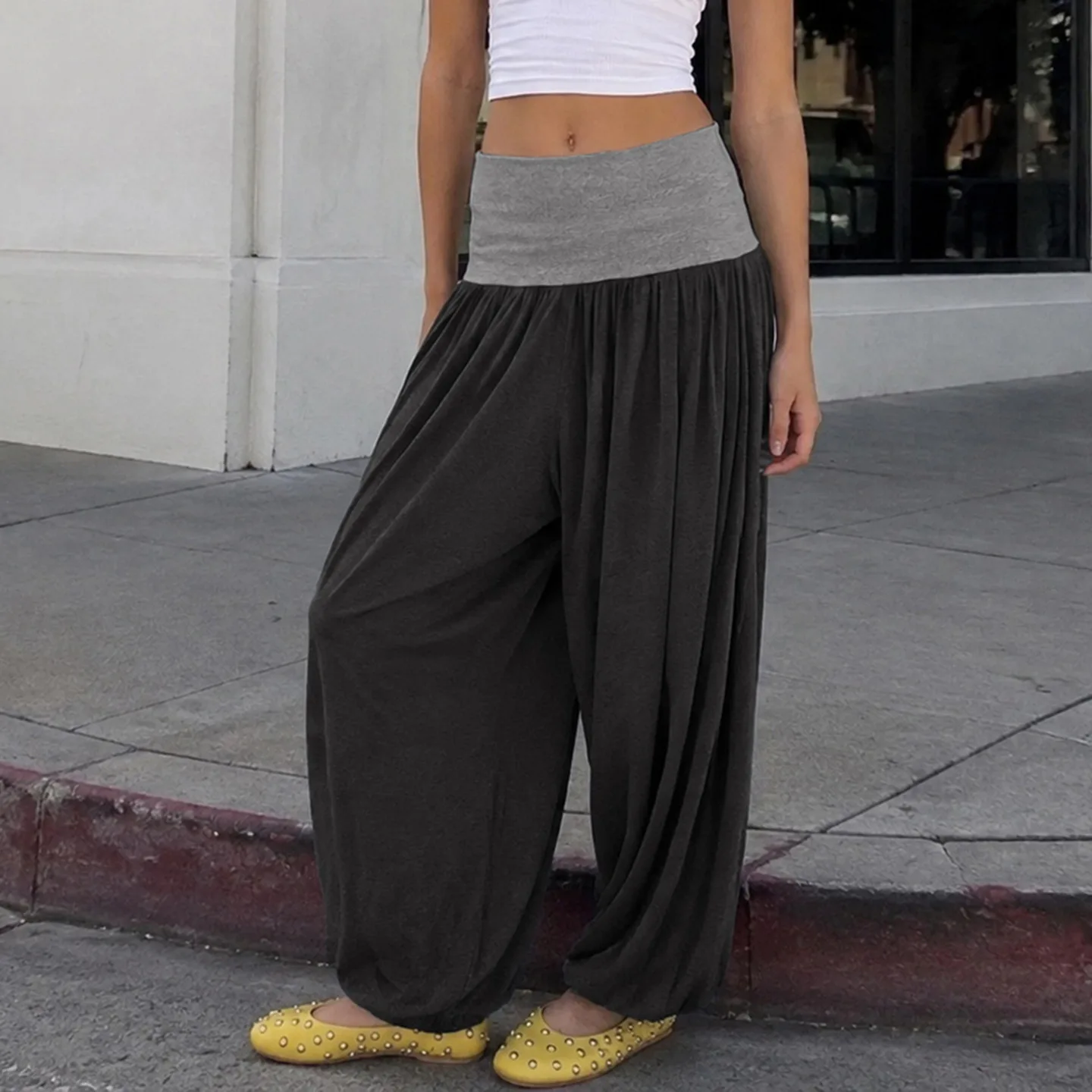 Gtpdpllt Y2K Fold Over Waist Wide Leg Pants Women Low Rise Solid Knit Loose Flared Trousers All Match Casual Streetwear Pants