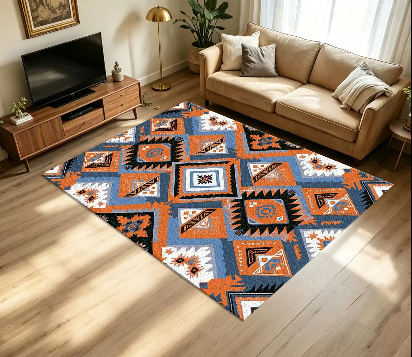 Southwest Aztec Tribal Diamond Carpet Flooring, Bohemian Orange-Blue Geometric Non-Slip Area Rug for Home Living Room Decor