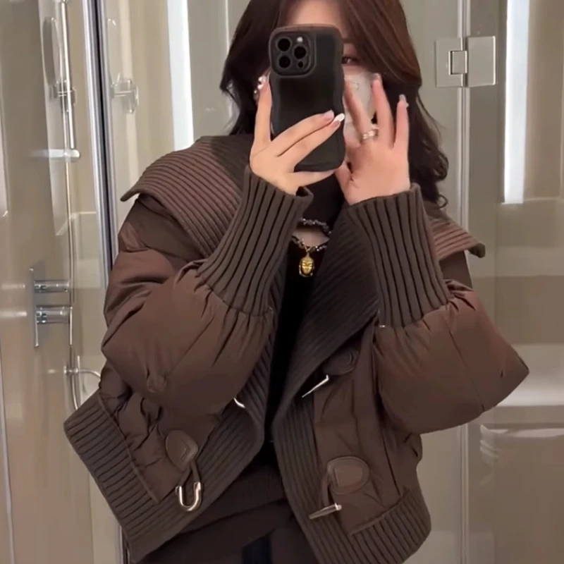 

2025 зимняя женская короткая хлопковая куртка с вязаным воротником, модное пальто, миниатюрная верхняя одежда