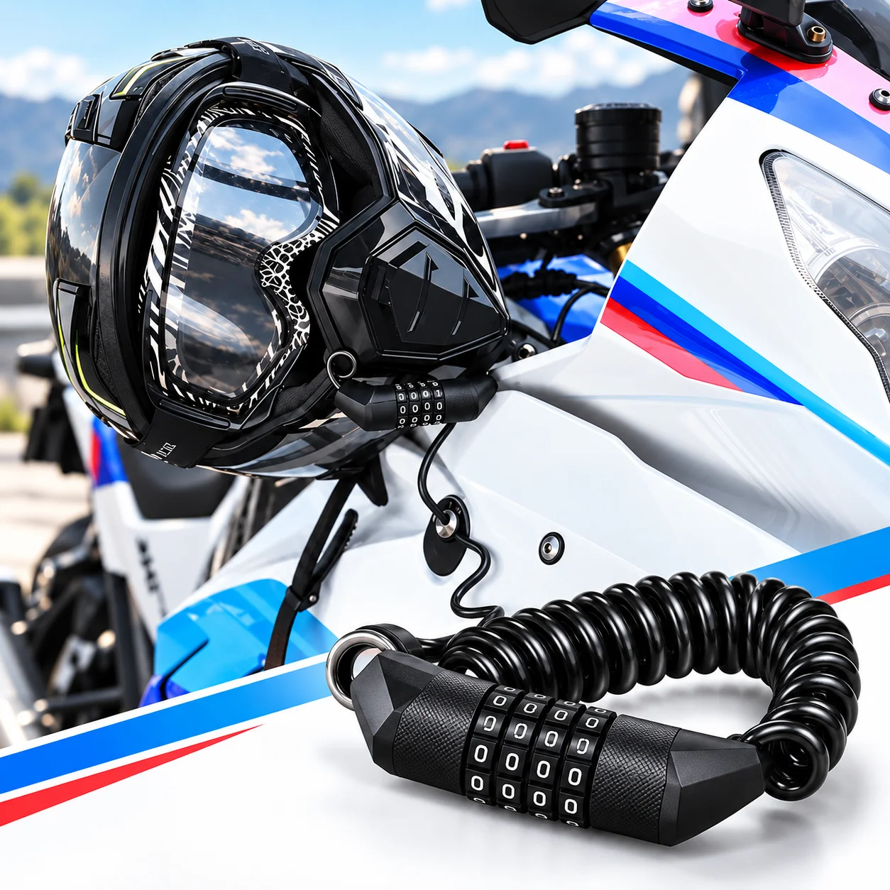 Mountain Bike Combination Lock, Retractable Steel Cable Anti-Theft Lock for E-Bike, Motorcycle & Scooter