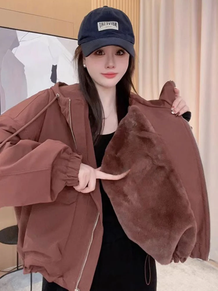 

Thiened Fce ort American Dstring Jaet Women's Winter New Design Workwear Faion Versatile Flng Jaet