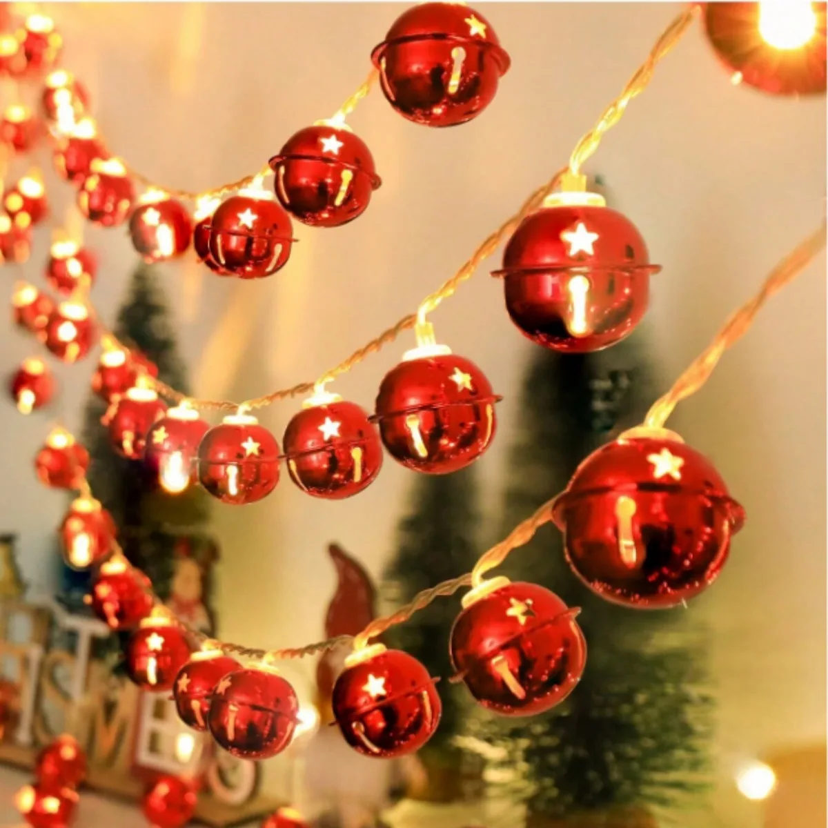 1pc Christmas Red Green Bells String Lights Hanging Garland Decorative Lamp Battery Powered For Home Bedroom Fireplace Decor