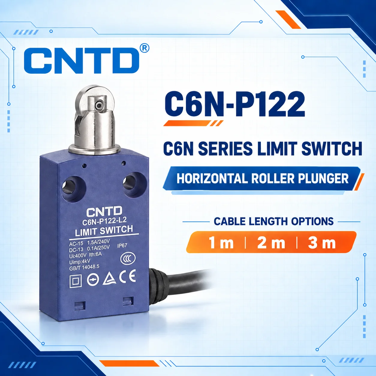 CNTD Travel Limit Switch C6N-P122 Top Plunger horizonal ball Self-reset Waterproof IP67 1m 2m 3m Cable Length silver contact