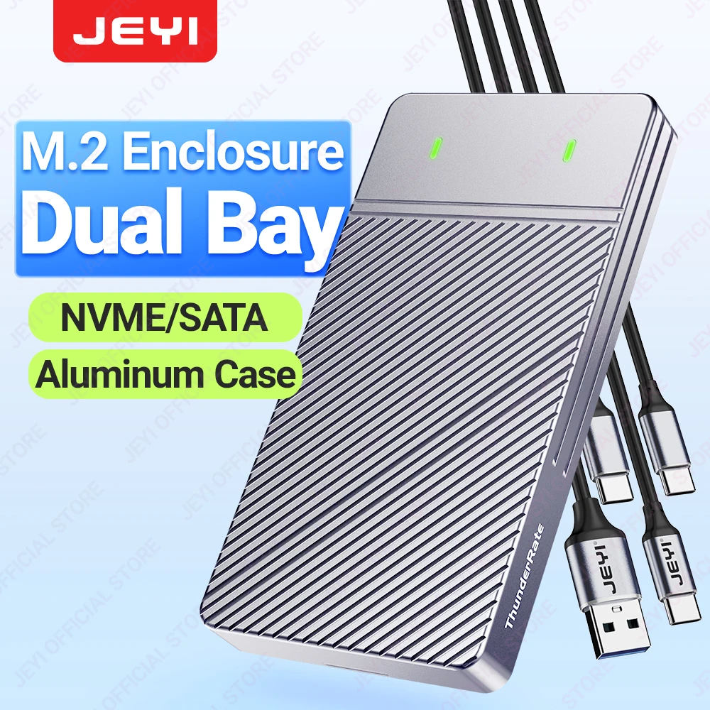 JEYI Dual Bay M.2 NVMe SATA SSD Enclosure, USB 3.2 Gen 2 10Gbps Aluminum Case for M.2 PCIe 2280/60/42/30 SSD. Support UASP Trim