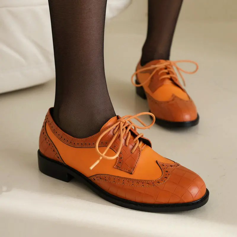 

Mixed Color Round Toe British Style Casual Women Shoes Spring Lace-up Working Derby Flats Female Brogues Shoes Plus Size 10 10.5