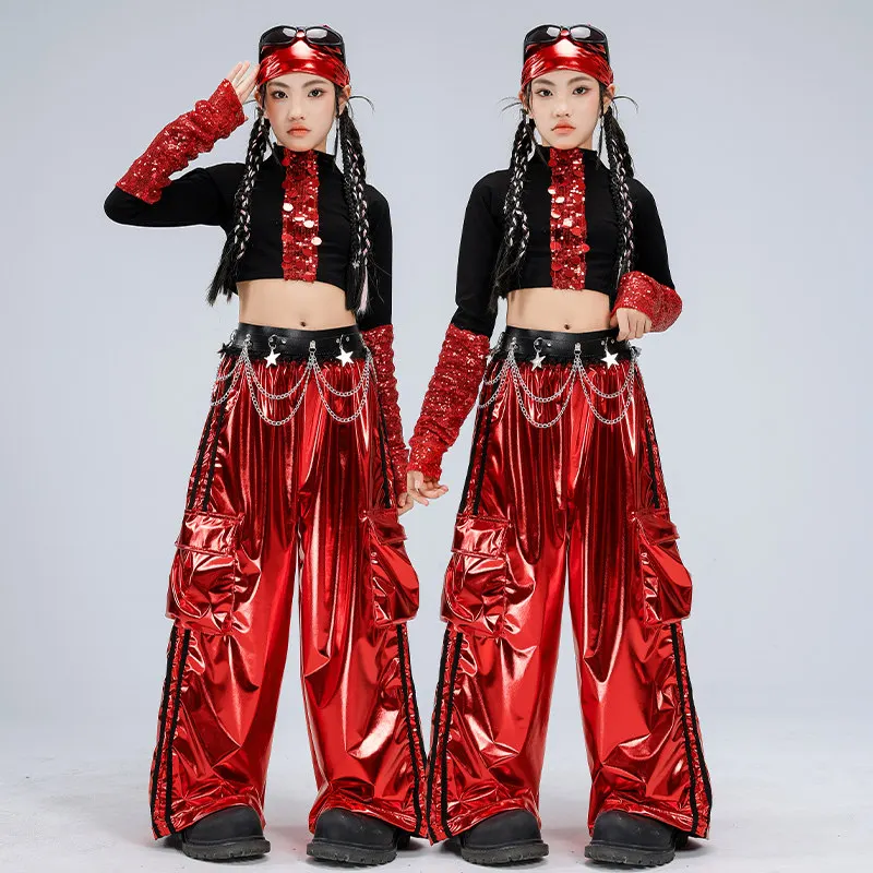 

Новые костюмы для современного джазового танца 2026 года для девочек: красные блестящие кожаные брюки, наряды для детей, одежда для хип-хопа и рейвов DQS21969