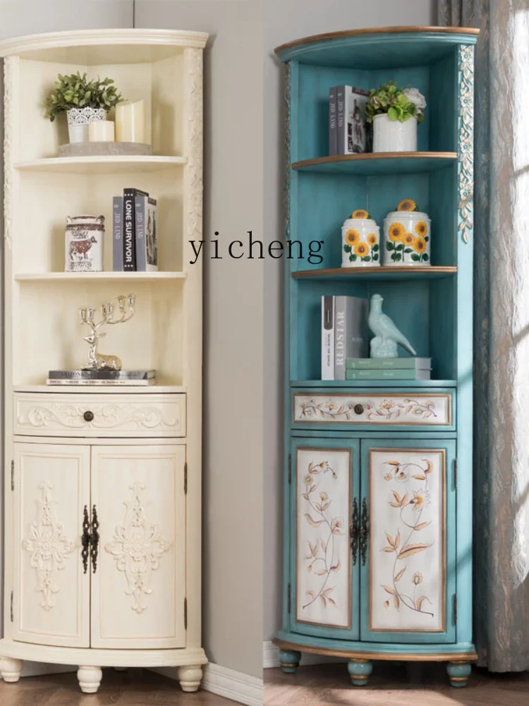 Chinese and American Style Hand-Painted Flowers Tripod Living Room Bedroom Corner Fan-Shaped Floor Wine Cupboard