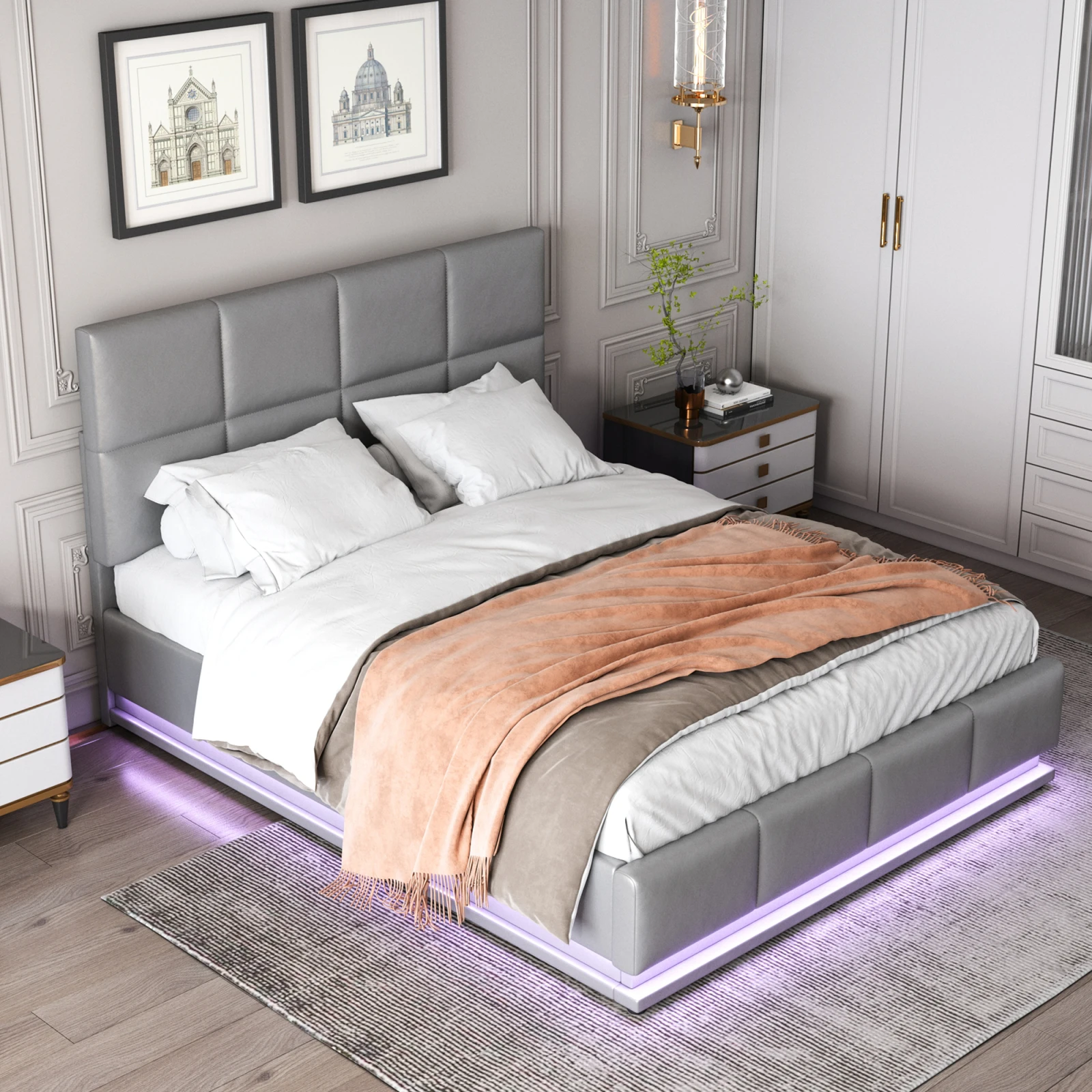 Upholstered bed 140x200 cm with LED lighting,hydraulically liftable bed storage space,double bed adult youth bed gray