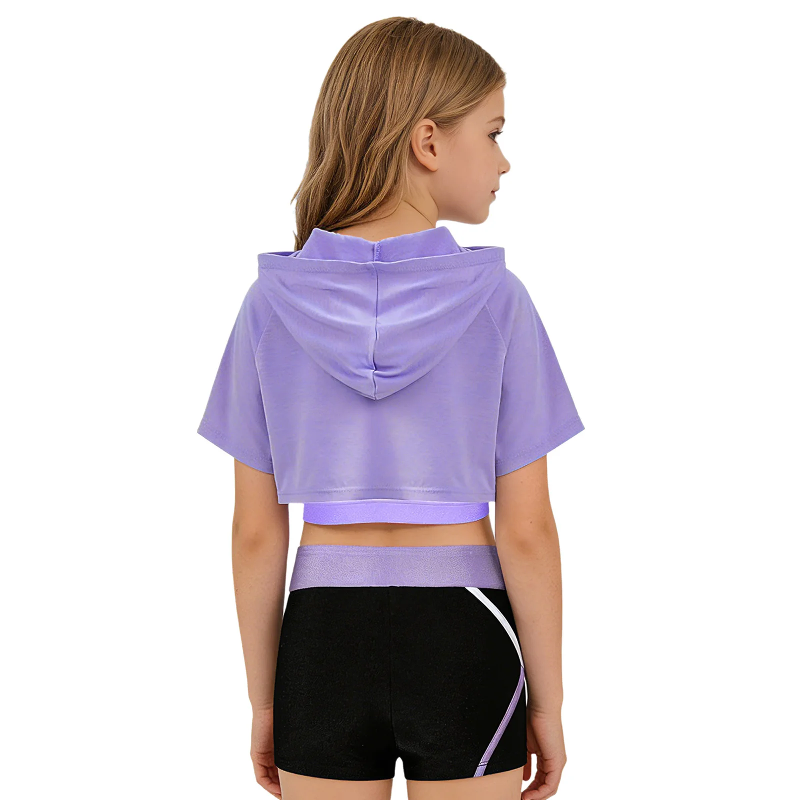 3Pcs/Set Kids Girls Sports Set Tracksuit Cross Back Keyhole Back Vest Short Sleeve Hooded Crop Top V-front Waistband Shorts