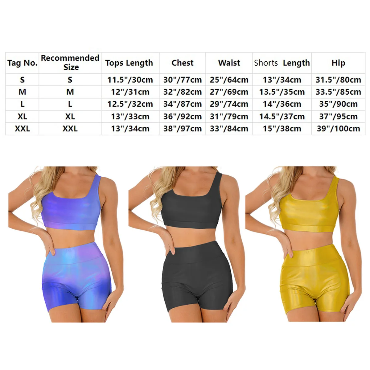 Women Shiny Metallic Dance Set Sexy Tight 2 Pcs Workout Sport Outfits Crop Vest Tops&Shorts Pole Dancing Clubwear Swimsuit