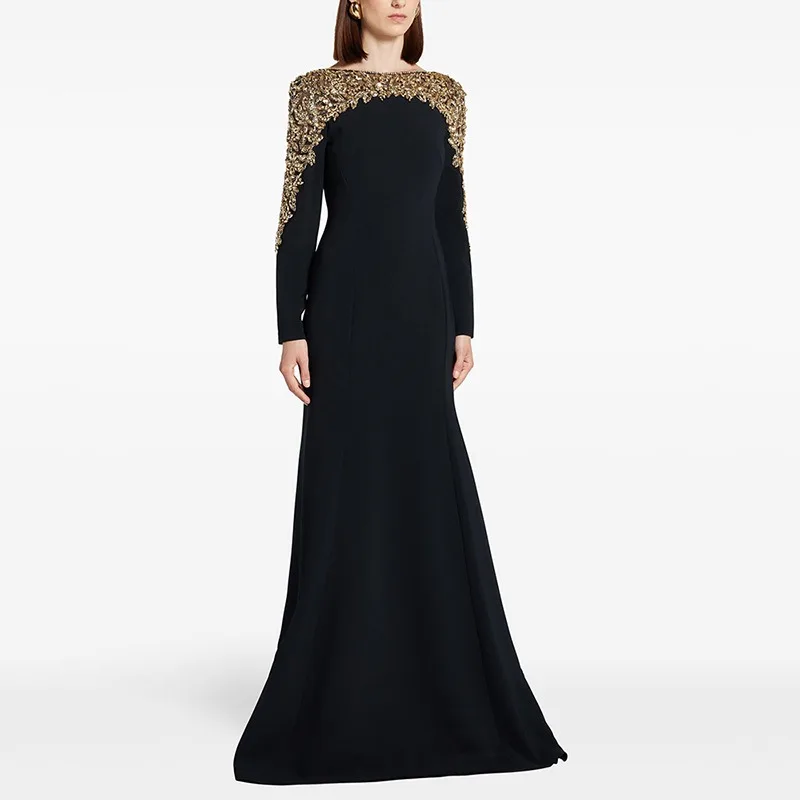 

SXTHAENOO Fashion Women's Evening Dress LSplicing Bead Diamond O Neck Long Sleeve High Waist Elegant Maxi Dresses 2025 New