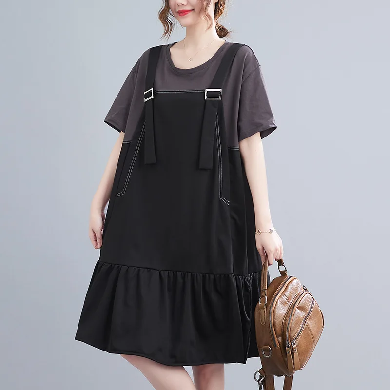 160Kg Bust 160 Large Size Women\'s Summer New Loose Short Sleeve Fake Two Piece Strap Dress Black 6XL 7XL 8XL 9XL 10XL