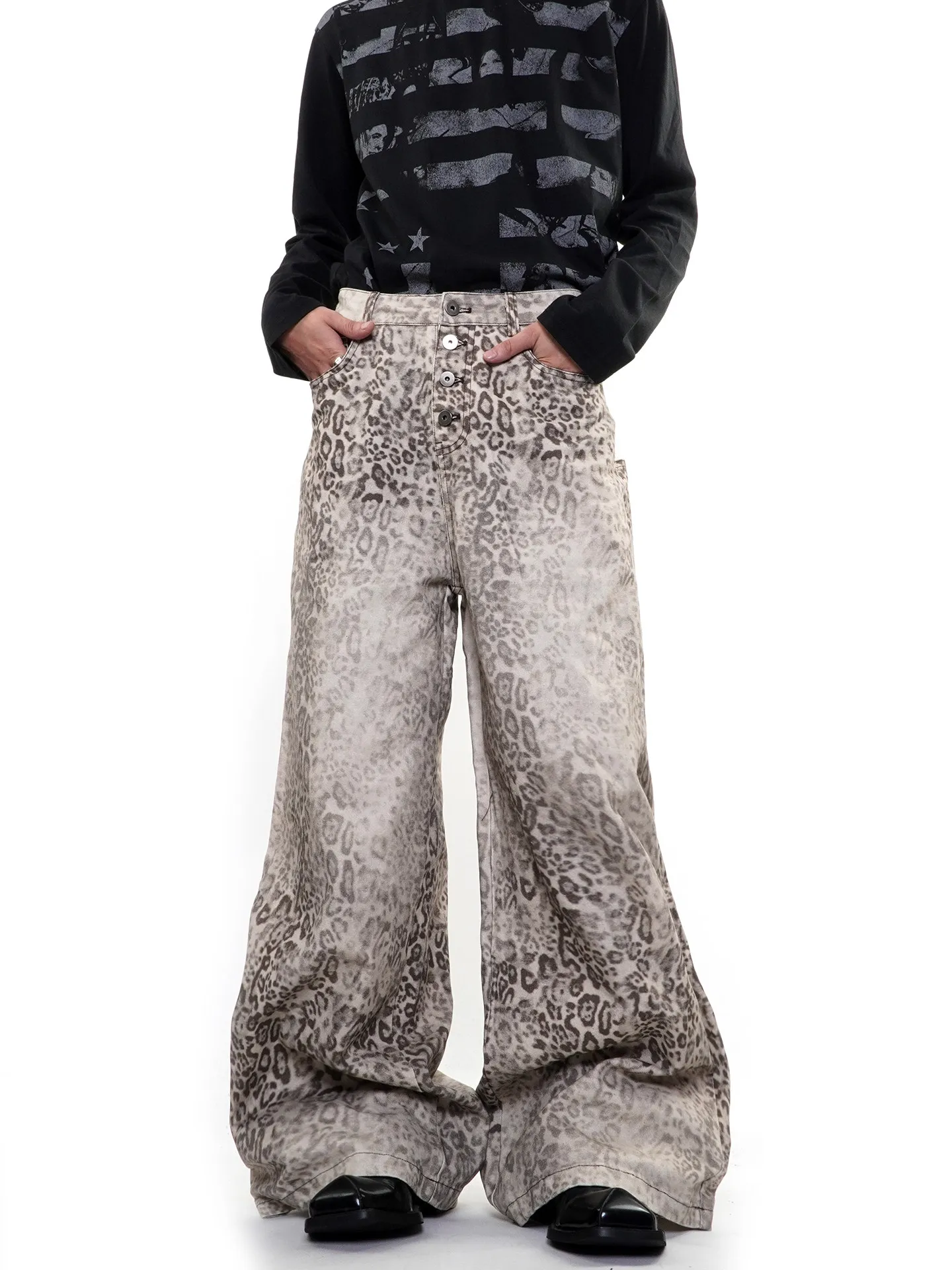 Retro American High Street Distressed Leopard Print Wide Leg Jeans Casual Loose Fit Men's Women's Premium Feel Long Trousers