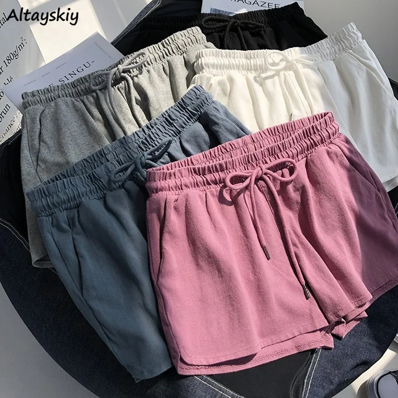 Ins Shorts for Women Korean Style Soft All-match Summer Elastic Waist Casual Minimalist Pockets Young College Fashion New Solid