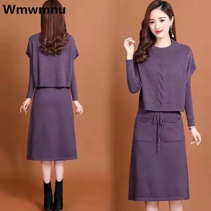 

Knitted Dress Two Piece Sets Womens Knitt Short Sleeve Tops Conjuntos Knitwears Sweater Dresses Suit Elegant Oversize Outfits