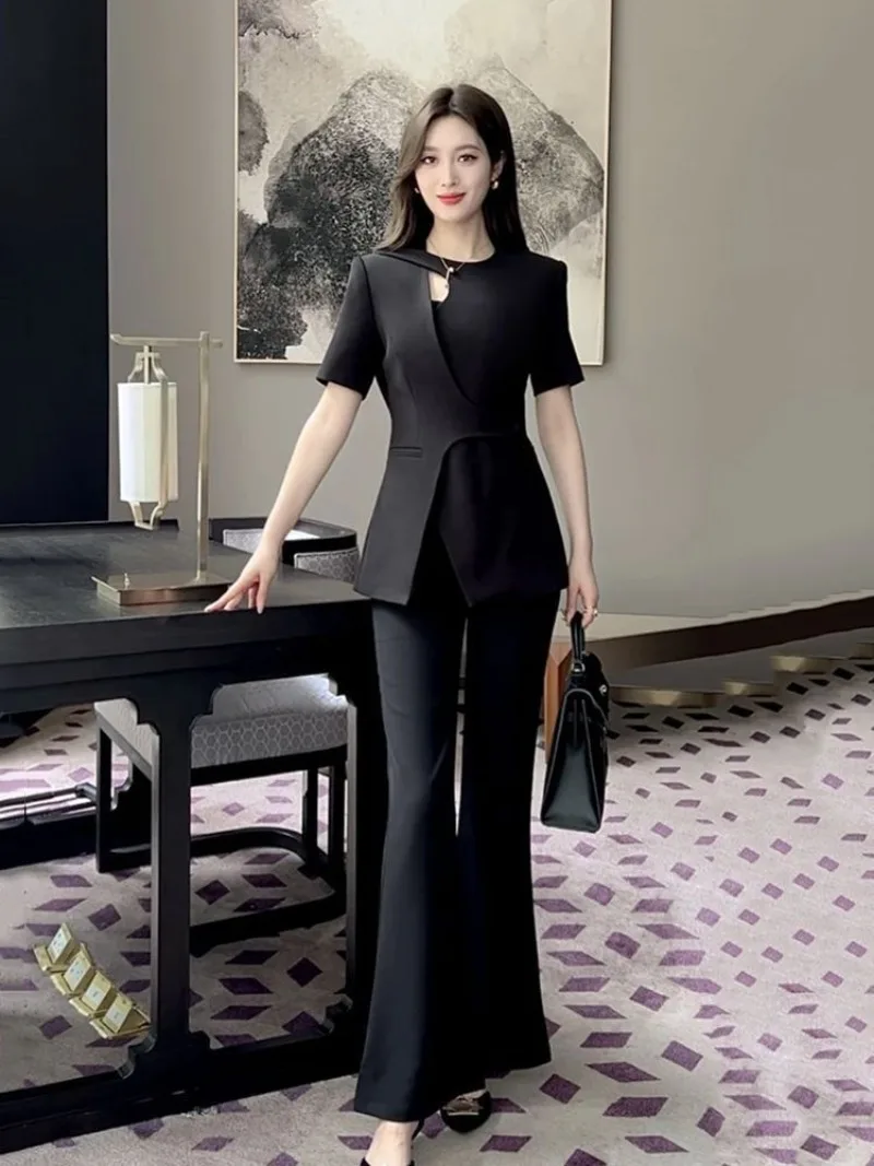 

New Luxury Fashion Design Summer Women's Suit Office Lady Elegant Short Sleeve Slim Blazer + Straight Pants Trousers 2 Piece Set
