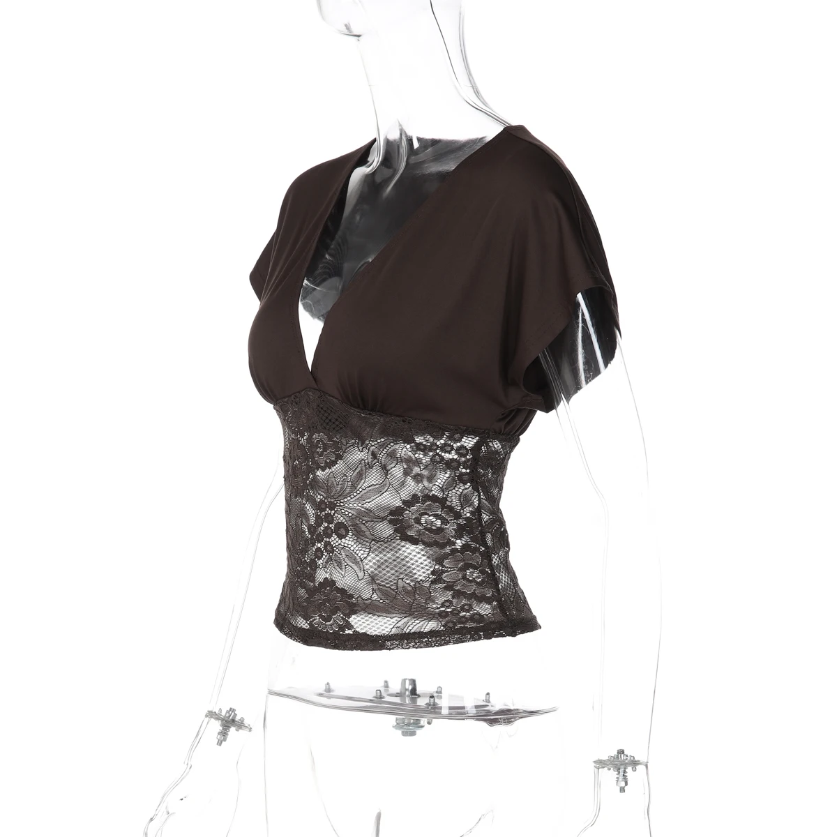 Hugcitar Modisches V-Ausschnitt Einfarbiges Kurzarm-Patchwork-Spitzen-Oberteil Sexy Loses Crop-T-Shirt Transparentes Sommer-Damen-T-Shirt für Party und Nachtclub – Detail 3