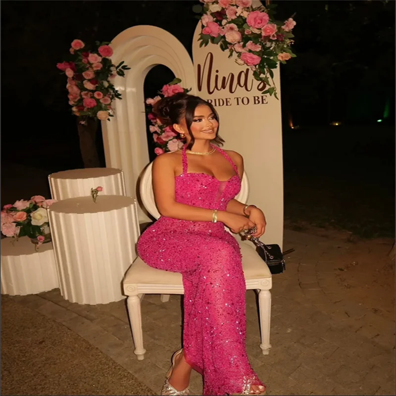 Robes de soirée sirène personnalisées, col licou, paillettes brillantes, perles, sans manches, longueur au sol, robe de bal, 2026 ﻿