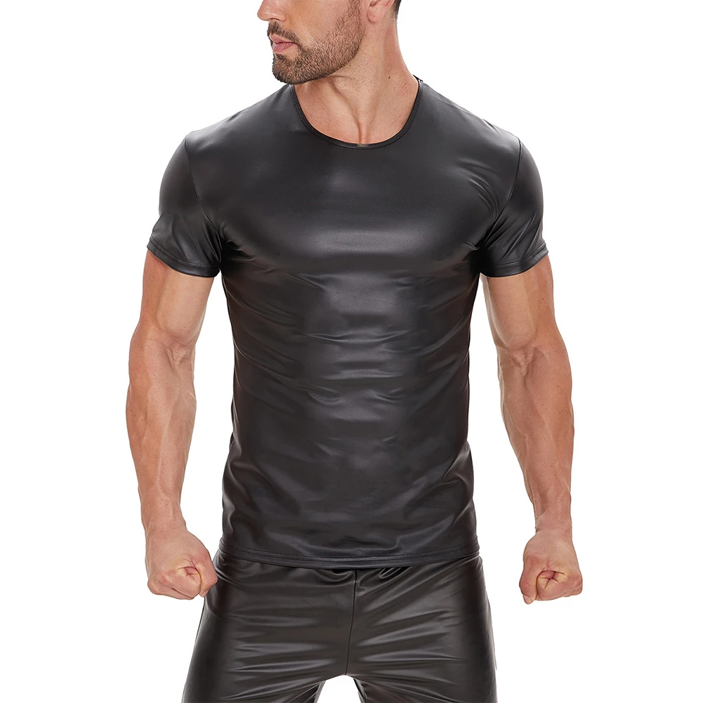 Mens Shiny Wet Look Short Sleeve Top Crew Neck Blouse Nightclub Dancing Costume Slim Black Undershirt Tops Stage Clubwear